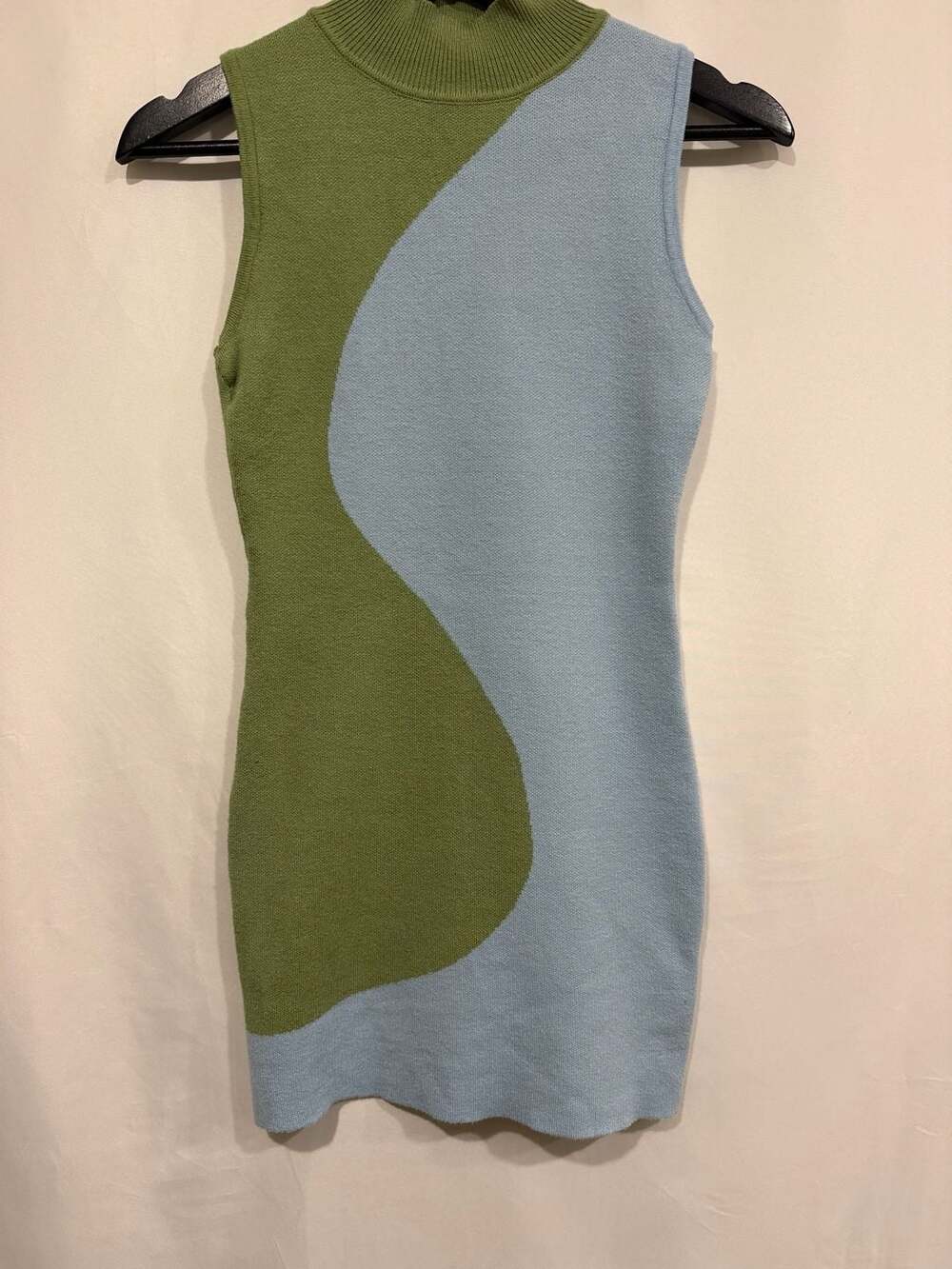 Blue Green Turtleneck Knitted Mini Dress Hippie Summer Sleeveless Fitted Outfit